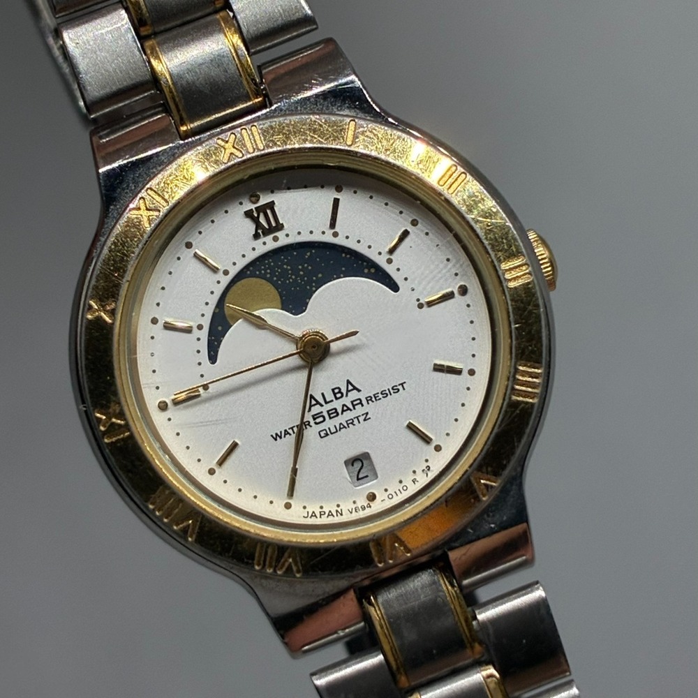 Vintage Seiko Alba Moonphase Ladies V894-0060 Two tone Watch 26mm